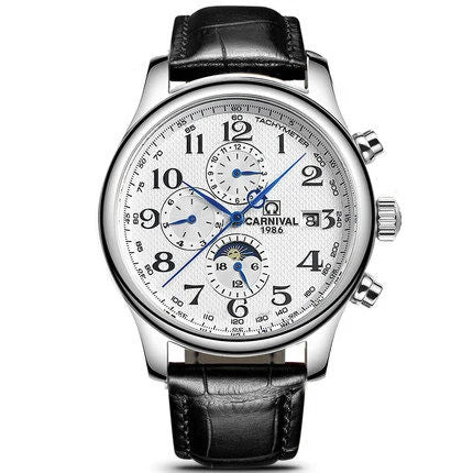 Carnival Brand Automatic Watch, Fashion Luxury Waterproof Calendar with Moon Phase, Mechanical Watches for Men