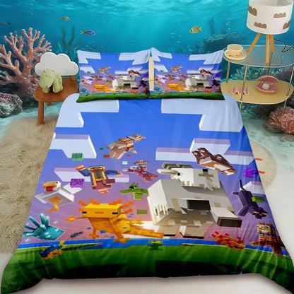Capa de edredão infantil Cartoon Minecraft, conjunto de cama com capa de edredão, tamanho Queen, King e Full, com 1/2 fronha para quarto