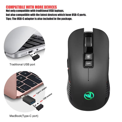 Rato sem fios USB recarregável para destros, com Type-C, para computador portátil, clique silencioso, retroiluminação gaming e 3600cpi
