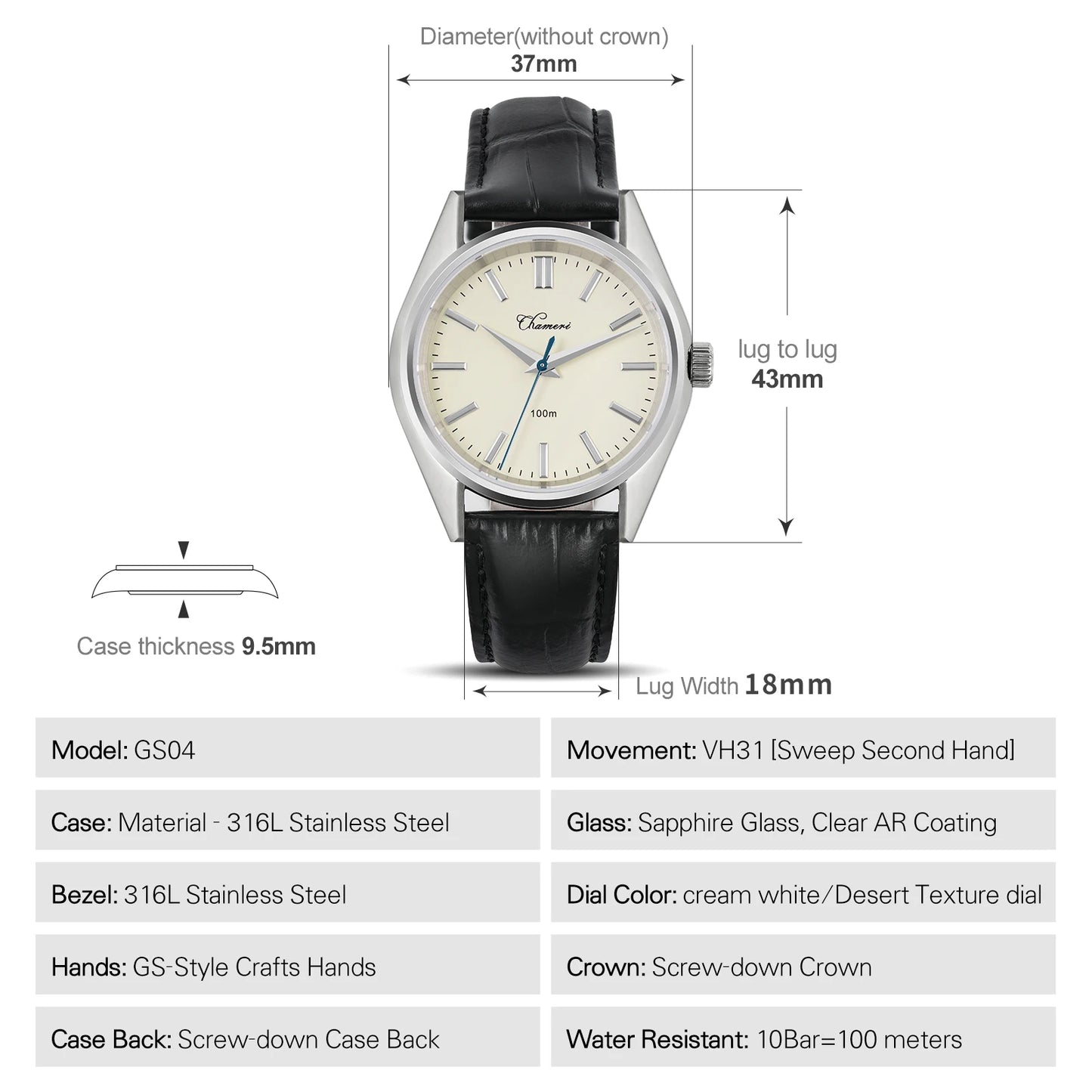Watchdives Chameri GS04 Quartz Watches VH31 Movement Sapphire Crystal Ar 100M Waterproof Black Leather 37mm Vintage Wristwatches