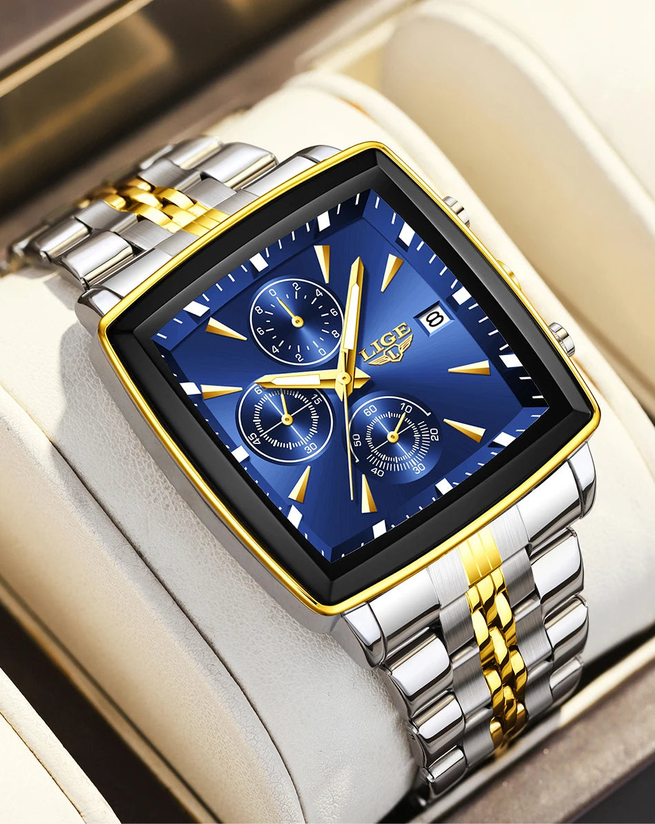 LIGE Luxusuhren für Herren, quadratisches Modell, klassischer und trendiger Stil, aus Edelstahl, wasserdicht, sportlich und lässig, mit Quarzwerk.