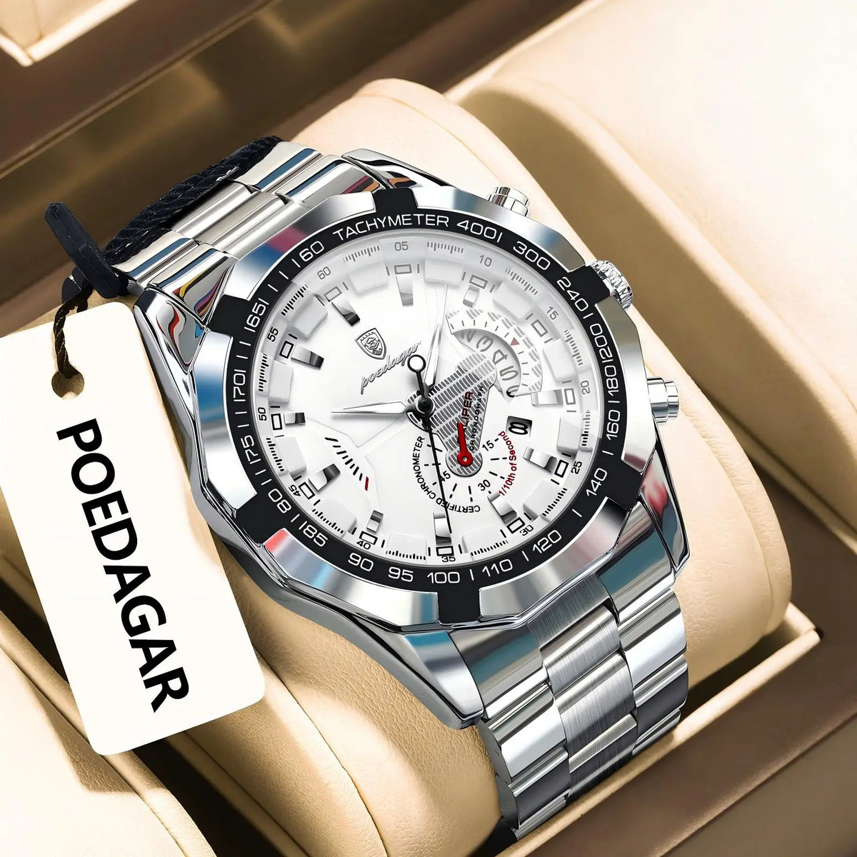 POEDAGAR luxury men’s watch, water-resistant, luminous, date display, sporty, stainless steel bracelet, quartz movement.