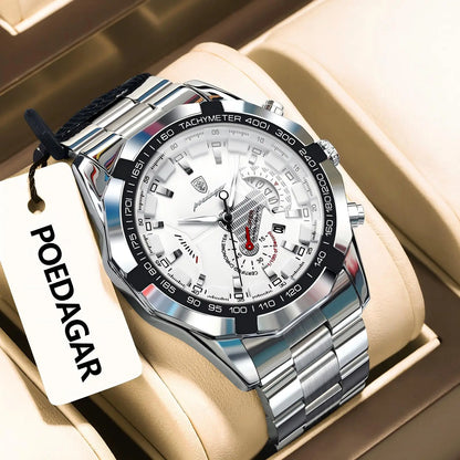 POEDAGAR luxury men’s watch, water-resistant, luminous, date display, sporty, stainless steel bracelet, quartz movement.