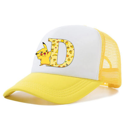 Cappellino con visiera Pokemon Pikachu, cappellini da baseball con lettere A-Z in stile cartone animato, cappellino estivo alla moda in rete traspirante, cappellino coordinato genitore-figlio, cappotto da bambino, regalo per bambini