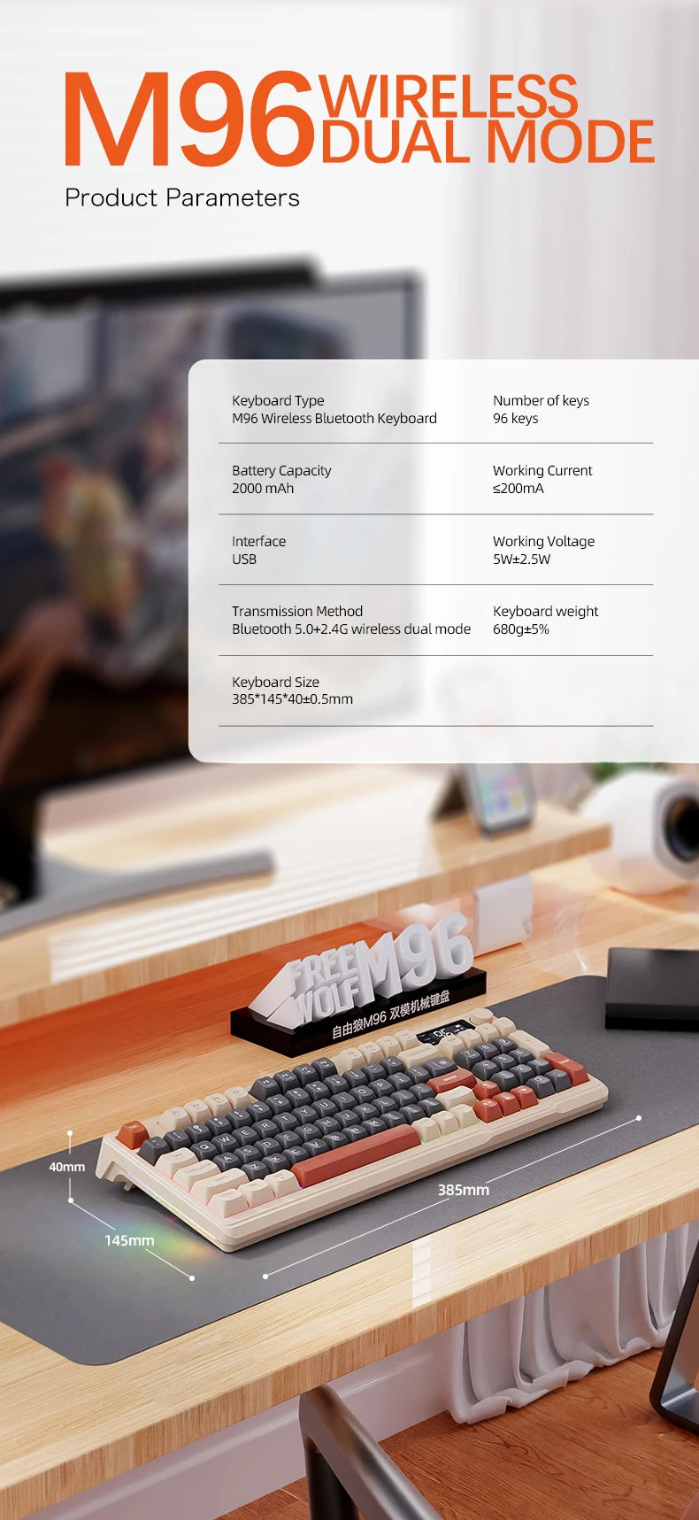 Teclado Sem Fios Bluetooth M96 FREEWOLF com Ecrã Digital, Retroiluminação RGB, Bateria de 2000mAh e Teclas PBT para PC/Portátil