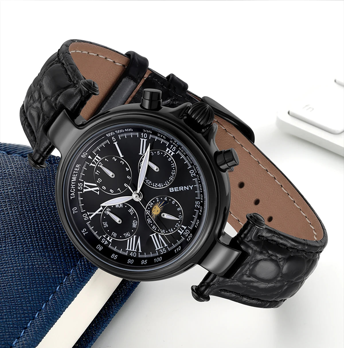 BERNY Classic Dress Automatic Watch for Men Luxury Stainless Steel Mechanical Wristwatch Leather Strap Waterproof Sliver Watches