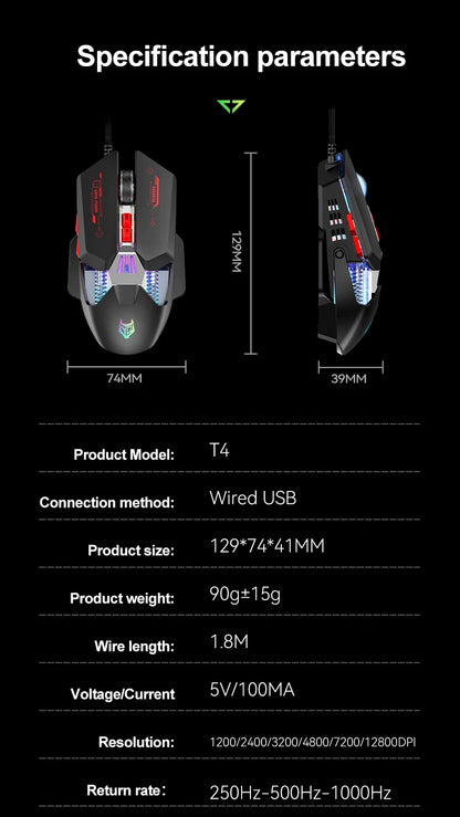 1K Hz Gaming Mouse Wired APAYADO T4 RGB Mouse with Ultra-light Cord 60IPS, 12800DPI for Laptop/Computer