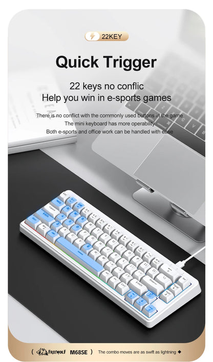 FREEWOLF M68SE Tastiera con sensazione meccanica, 68 tasti, mini tastiera compatta cablata e silenziosa per laptop, gaming e uso ufficio
