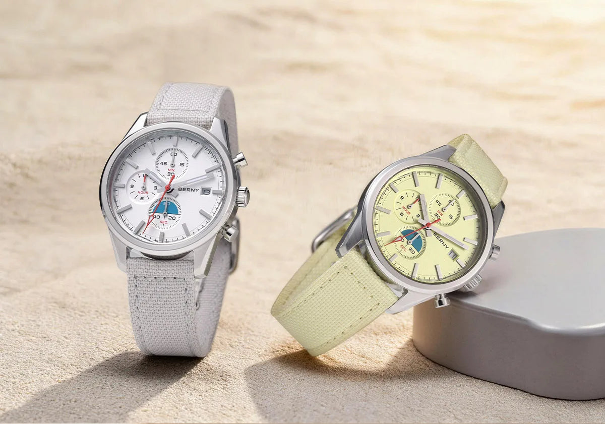 BERNY Chronograph Watch for Men/Women 37mm Dial Woven Fabric Sapphire AR Coated 5ATM Fashion Sport Calendar 316L Couple Watch