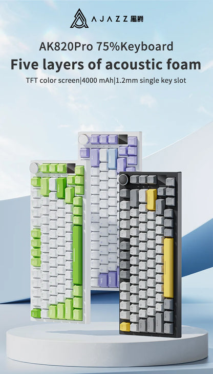 Teclado mecânico AJAZZ AK820 com layout compacto de 70%, iluminação RGB, switches hot-swappable, ligação com fios, sem fios e Bluetooth