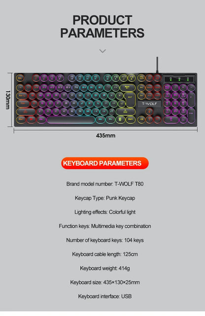 T80 Gaming Mechanical Feel Keyboard Wired 104 Keys Keyboard USB Retro Punk Game Office Suspended Keycap Cool RGB Lighting Effect