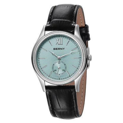 BERNY Watches for Men Luxury Slim Classic Stylish Dress Quartz Watch Stainless Steel Case Elegance Leather Band Wristwatch