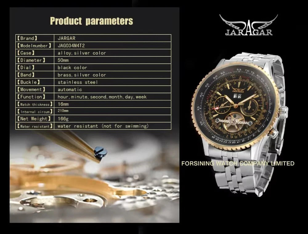 Jaragar 50MM Automatic Mechanical Watch for Men,Multifunctional,Date Month Week Display,3ATM Waterproof,Business Casual Style