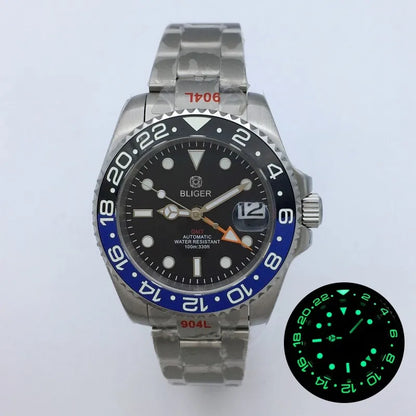 BLIGER 40mm NH34 GMT Watch For Men Mechanical Wristwatch Luminous Bezel Sapphire Glass Stainless Steel Bracelet Men's Watch