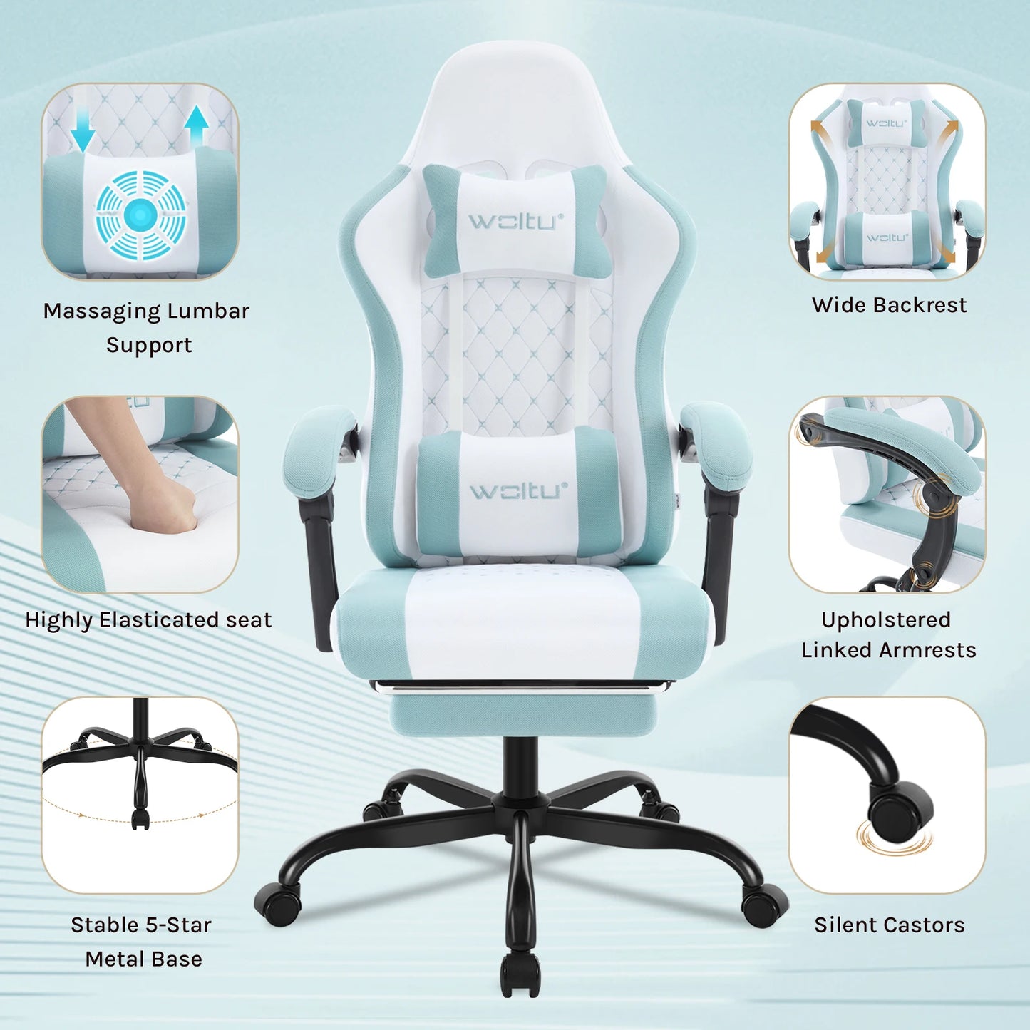 WOLTU Massage Gaming Chair Ergonomic Gamer Chair with Footrest, Lumbar Support, Adjustable Headrest, Swivel Computer Office Chair