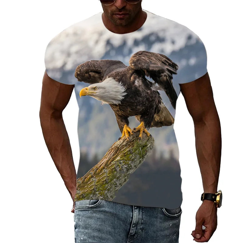 T-shirt para Homem com Águia Divertida Estampada em 3D, T-shirts com Padrão Animal Cool, Verão Harajuku, Corte Largo, Gola Redonda, Manga Curta, T-shirts para Criança
