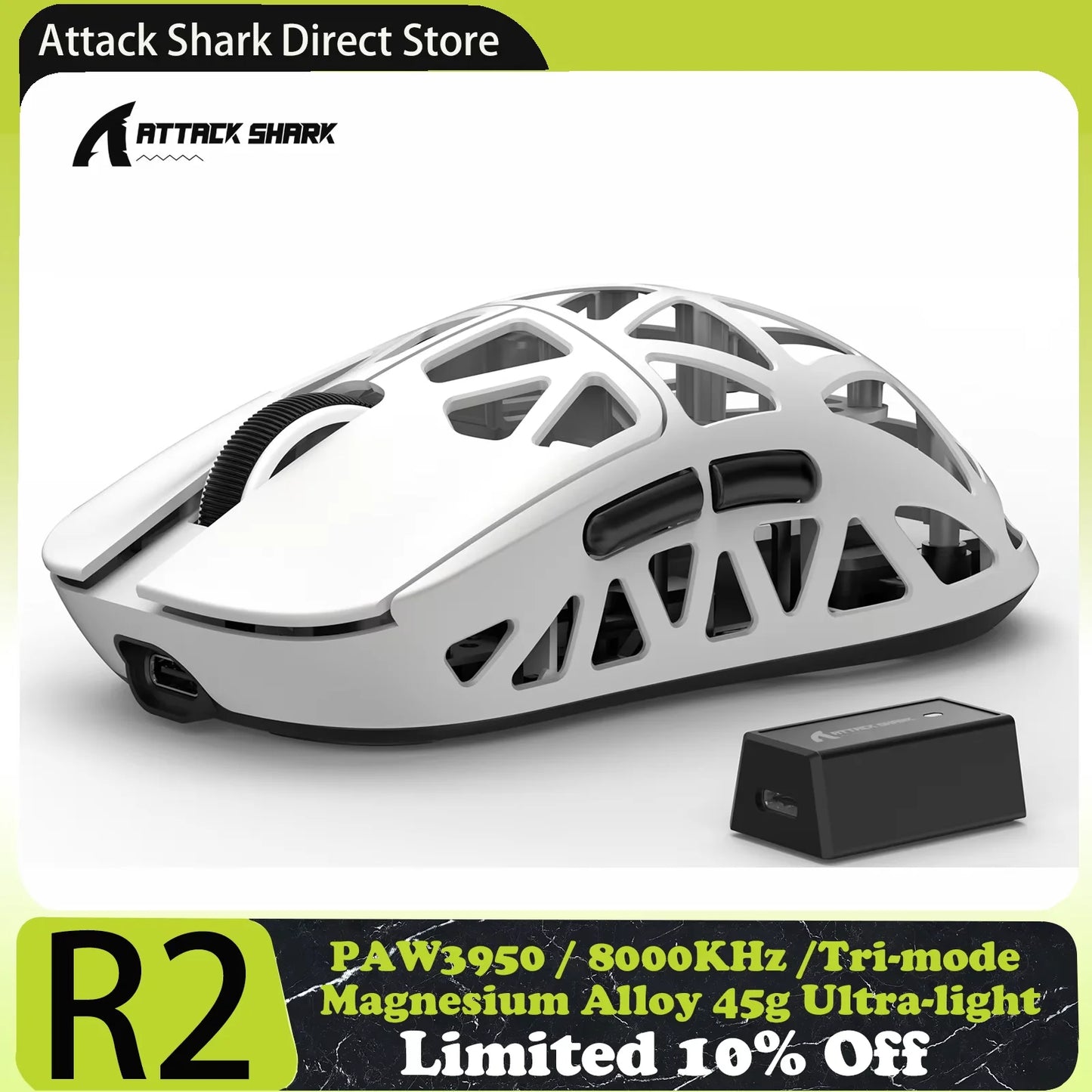 Mouse da gaming ATTACK SHARK R2 in lega di magnesio PAW3950, tri-mode, 8000hz, 42000 DPI, ultraleggero 45g, microswitch da 100M clic