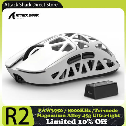 Mouse da gaming ATTACK SHARK R2 in lega di magnesio PAW3950, tri-mode, 8000hz, 42000 DPI, ultraleggero 45g, microswitch da 100M clic