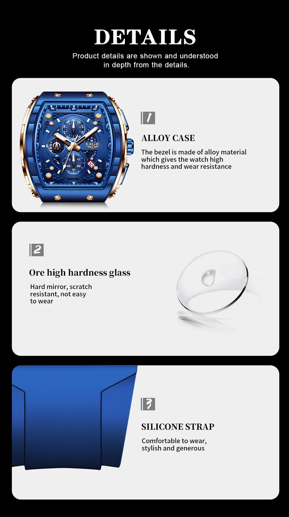 Relógio de Homem LIGE — Moda de Luxo, Impermeável, Bracelete em Silicone, Quartzo, Luminoso, Desportivo, Data Automática e Cronógrafo Simples