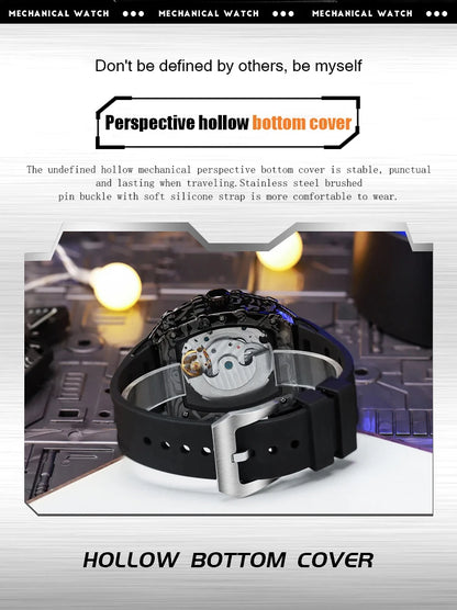 MUSANFIGO automatic hollow mechanical watch, barrel shaped fashionable men's trendy watch, luminous waterproof watch