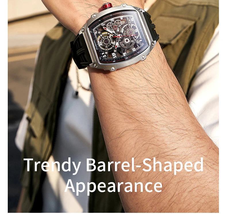 STARKING Luxury Men’s Automatic Mechanical Watch Skeleton Dial Silicone Band Tonneau Design Waterproof Luminous Sport Wristwatch
