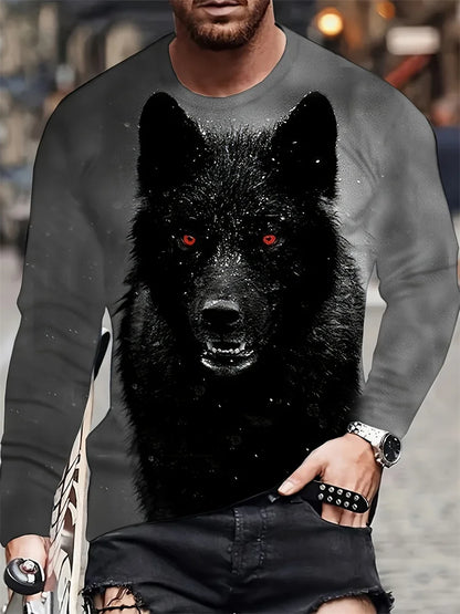 T-shirt de manga comprida para homem com novo estampado de lobo 2024, camisa casual diária de primavera e outono, moda streetwear masculina