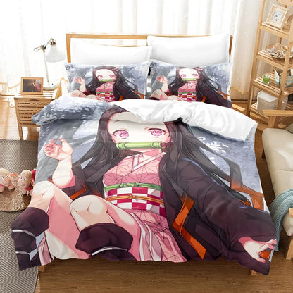 Nezuko Kamado Bedding Set Anime Demon Slayer Duvet Cover Comforter Bed Linen Single Twin Full Queen Size 3D Kids Girls Boys Gift