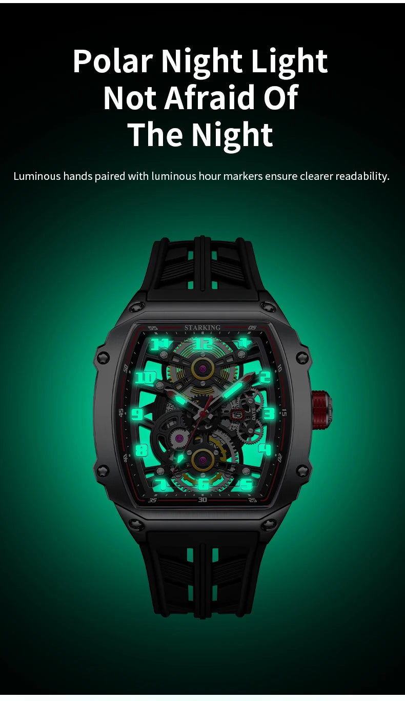 STARKING Luxury Men’s Automatic Mechanical Watch Skeleton Dial Silicone Band Tonneau Design Waterproof Luminous Sport Wristwatch