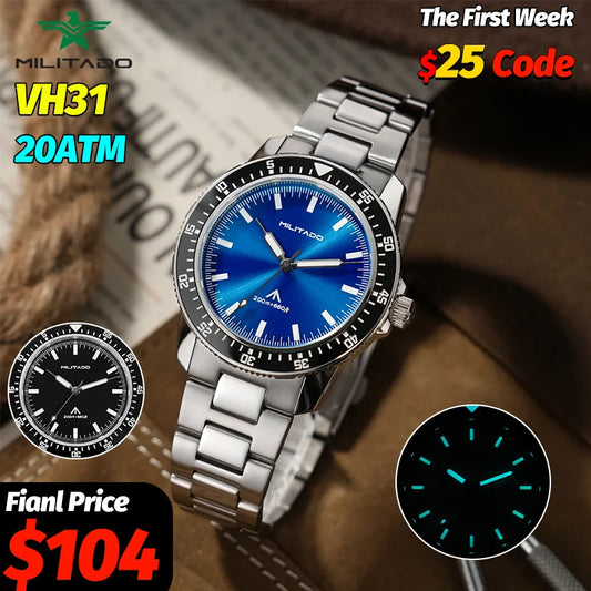 MILITADO  ML25 Quartz Dive Watch VH31 Sweep Second Sapphire Crystal 200M Waterproof BGW9 Lume Ceramic Bezel Men Watch