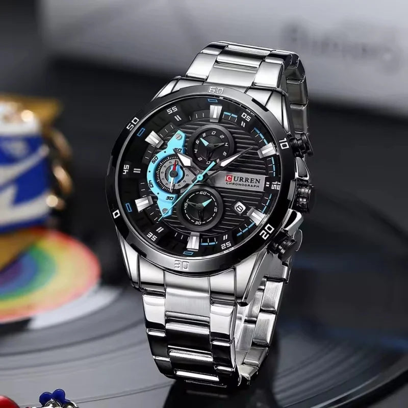 Montre homme de luxe CURREN 8402, neuve, en acier inoxydable, étanche, avec chronographe et éclairage nocturne.