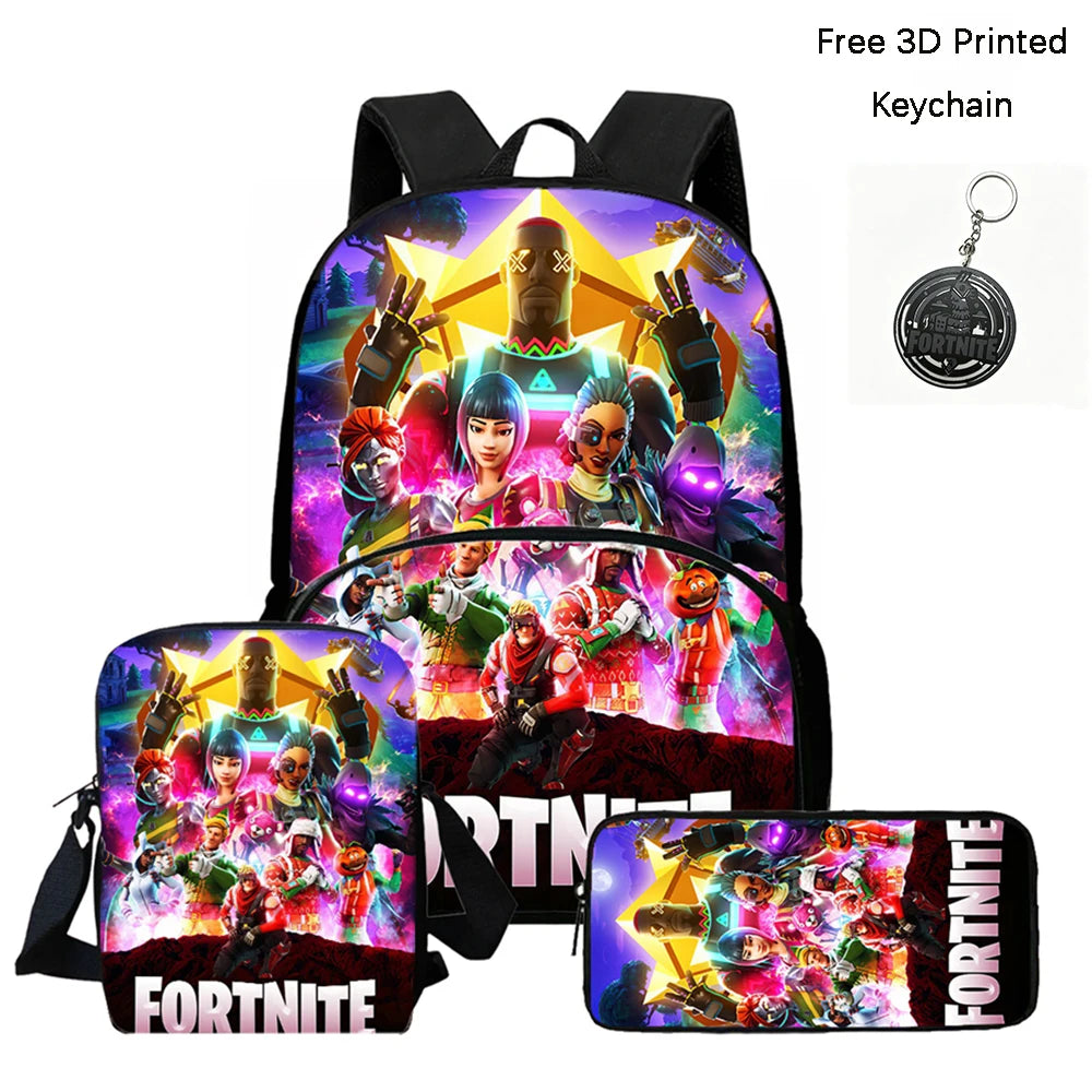 FORTNITE 3-Piece School Backpack Set with Front Pocket Bag, Crossbody Bag, and Pencil Case for Ages 5-10 Boys and Girls, Lightweight, Includes Free 3D Printed Keychain