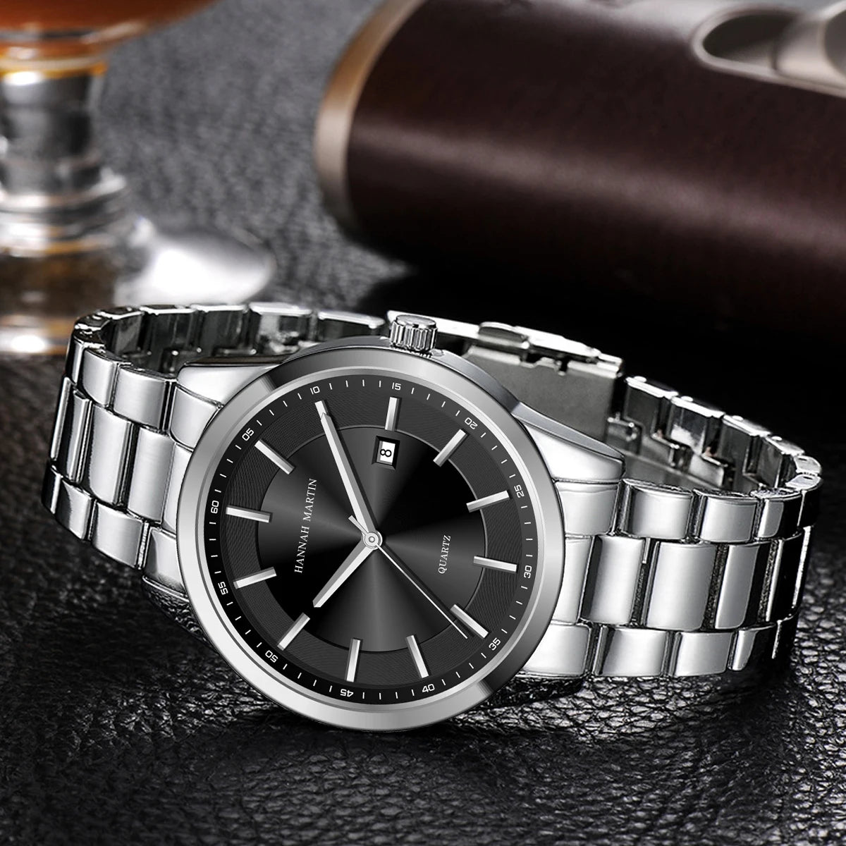 Orologio al quarzo HANNAH MARTIN, 40 mm, da uomo, cinturino in acciaio inossidabile nero, impermeabile fino a 3 bar, stile sport-chic
