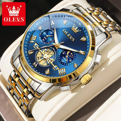 OLEVS Men's Watches Classic Multifunctional Flywheel Chronograph Original Quartz Wristwatch Moon Phase 24 Hour Waterproof Watch