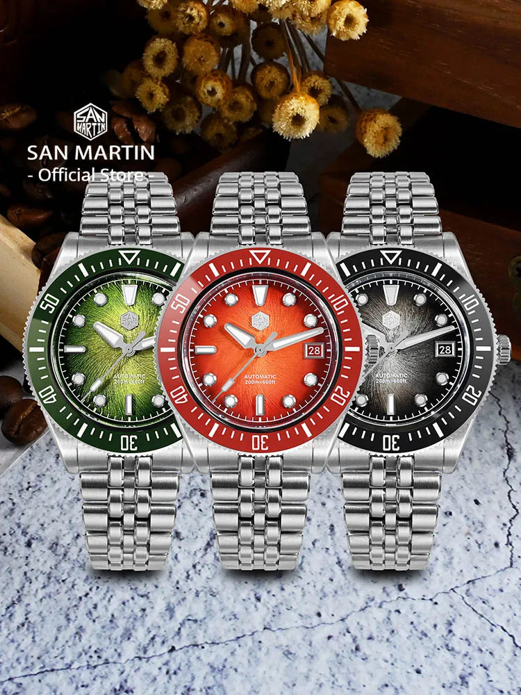 Orologio subacqueo di lusso da uomo San Martin 40mm, Miyota 9015, quadrante smaltato sunburst, automatico meccanico, impermeabile 200m, SN0148