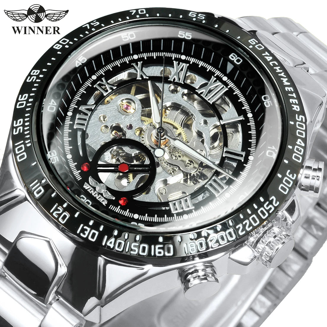 WINNER automatisch herenhorloge – Transparant skeletmodel, lichtgevende wijzers, roestvrijstalen band, mechanisch horloge van een luxemerk