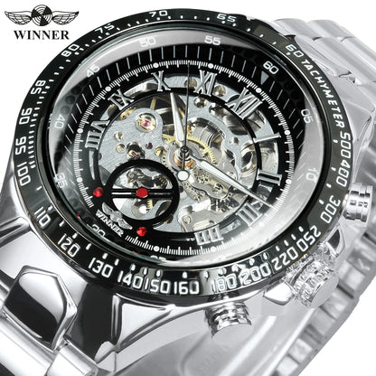 WINNER automatisch herenhorloge – Transparant skeletmodel, lichtgevende wijzers, roestvrijstalen band, mechanisch horloge van een luxemerk