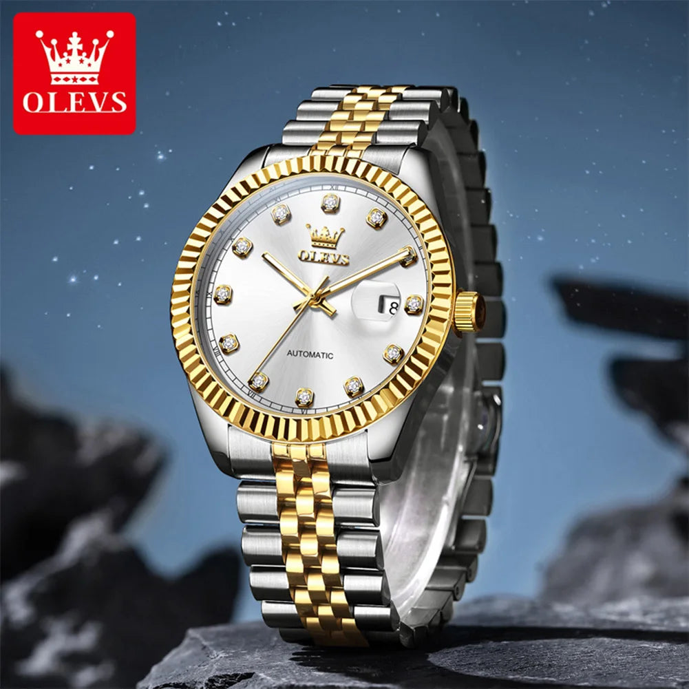 OLEVS New Automatic Watches Man Original Luxury Diamond Dial Stainless Steel Waterproof Auto Date Mechanical Watch for Men 6743