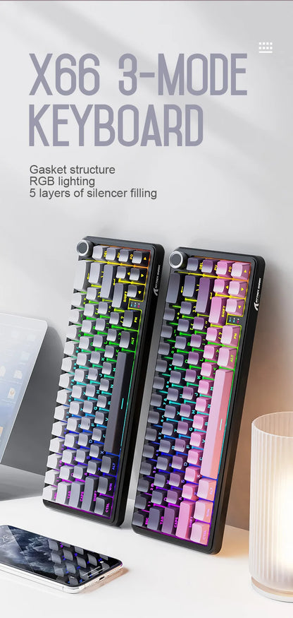 Attack Shark X66 Tastiera meccanica wireless 65% layout compatto, retroilluminazione RGB, gasket mount, hot swap, Bluetooth, USB-C, PBT, batteria ad alta capacità