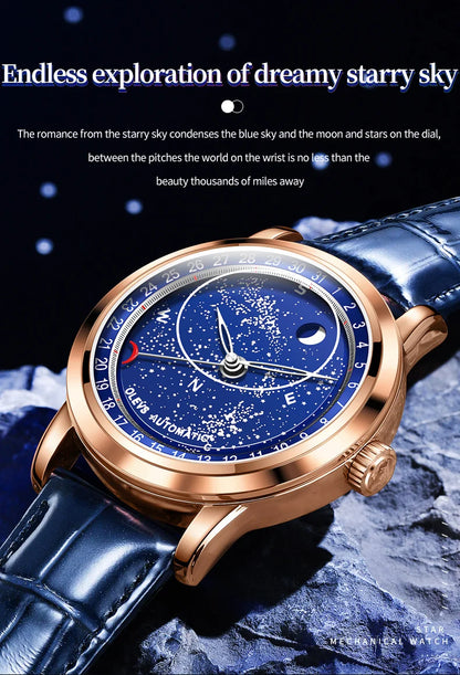 OLEVS 9923 Men's Watches Moon Phase Automatic Mechanical Watch for Man Blue Leather Luxury Dress Waterproof Luminous Wristwatch