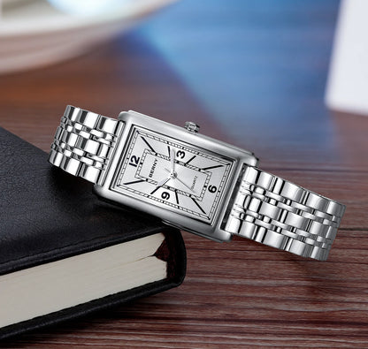 BERNY square men’s watch – Quartz movement, Roman numeral dial, luminescent display, 316L stainless steel case – An elegant and casual rectangular watch