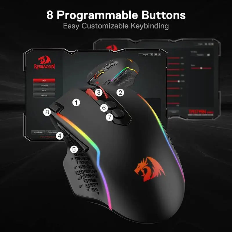 Rato Gaming Sem Fios Redragon M810 Pro, 10000 DPI, Rato Gamer com Fio c/ Tecla de Disparo Rápido, 8 Botões Macro, Preto/Branco