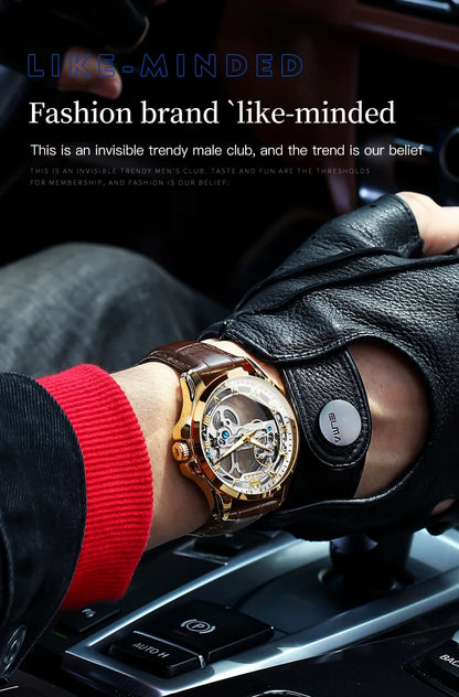 OLEVS Skeleton Automatic Mechanical Watch Men Leather Strap Luminous Waterproof Luxury Business Wristwatch For Man 6661