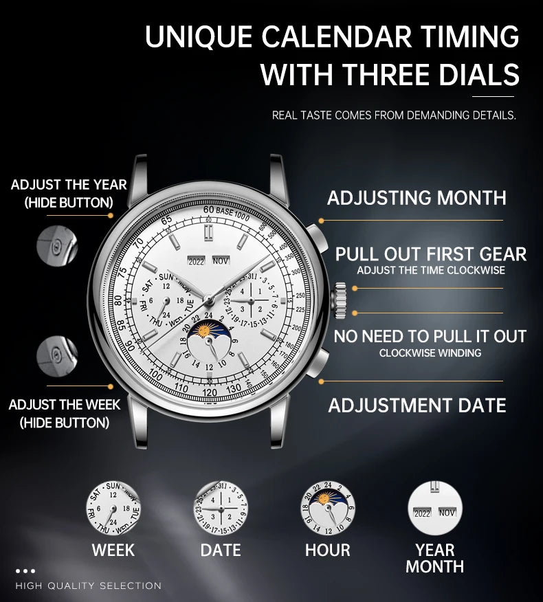 Custom Logo Diy Automatic Mechanical Watches For Man Business Multification Date Day Month Year 316L Mechanical Men's Watches