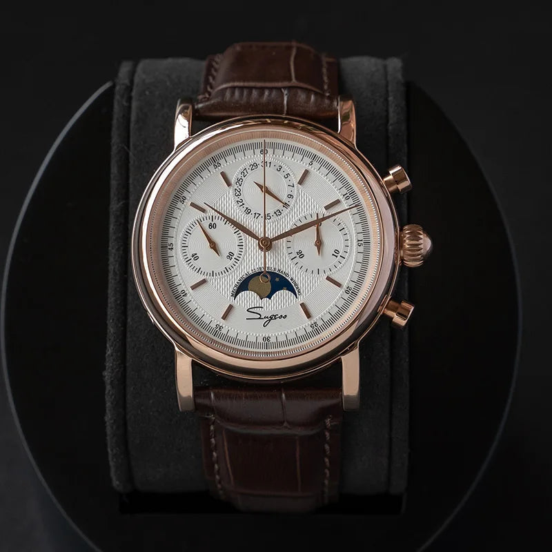 Sugess Men Watch ST1908 Swanneck Movement Mechanical Chronograph Wristwatch Genuine Moonphase Calendar Vintage Leather NEW 2023