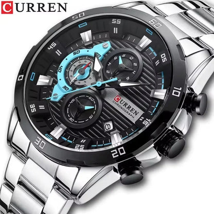 Montre homme de luxe CURREN 8402, neuve, en acier inoxydable, étanche, avec chronographe et éclairage nocturne.