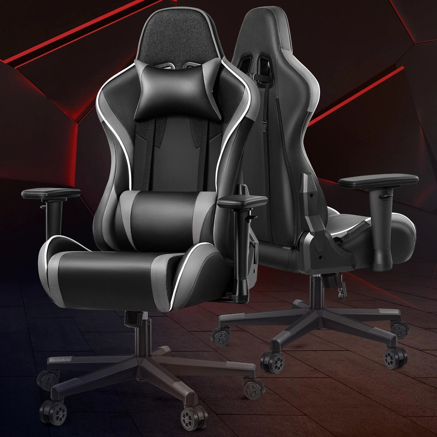 Ergonomic Gaming Chair with Headrest & Lumbar Pillow, 135° Reclining PU Leather Computer Chair for Gaming Office Setup