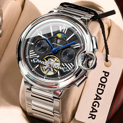 Pánské hodinky POEDAGAR, luxusní a profesionální styl, s ukazatelem data a dne v týdnu, tourbillonem, pouzdrem z nerezové oceli, automatickým mechanickým strojkem a vodotěsností.