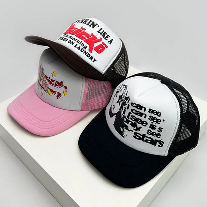 Trucker-Caps im amerikanischen Stil mit Cruise-Print, Anime-Motiven und neuem Schriftzug – atmungsaktive Baseballmützen mit Netzfutter für Herren und Damen, vielseitig kombinierbar