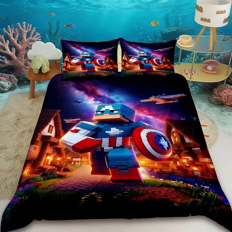 Capa de edredão infantil Cartoon Minecraft, conjunto de cama com capa de edredão, tamanho Queen, King e Full, com 1/2 fronha para quarto