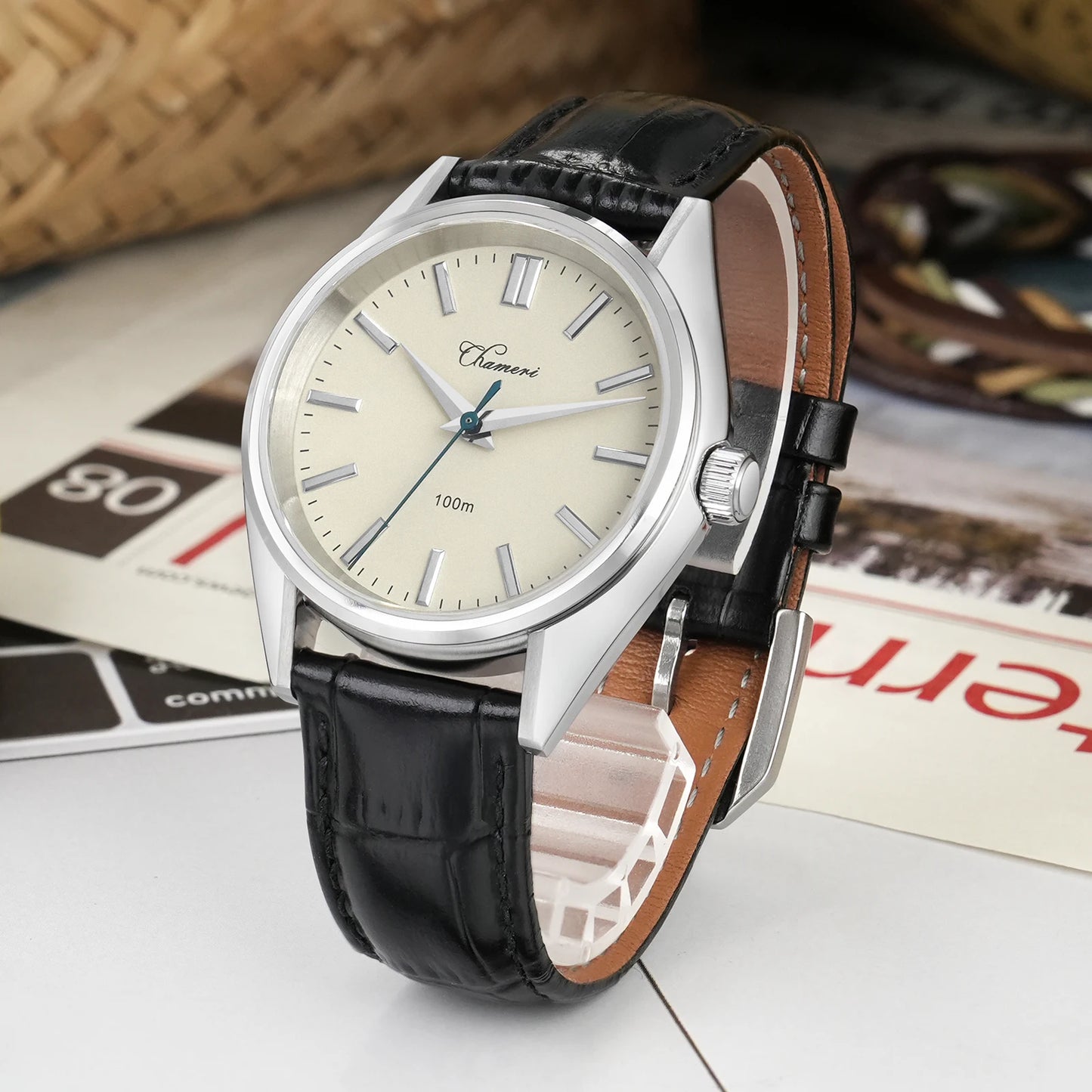 Watchdives Chameri GS04 Quartz Watches VH31 Movement Sapphire Crystal Ar 100M Waterproof Black Leather 37mm Vintage Wristwatches